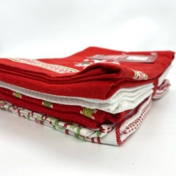 Winter Wonderland Set of Five Candy Cane Kitchen Towels Embroidered New - Picture 2 of 9